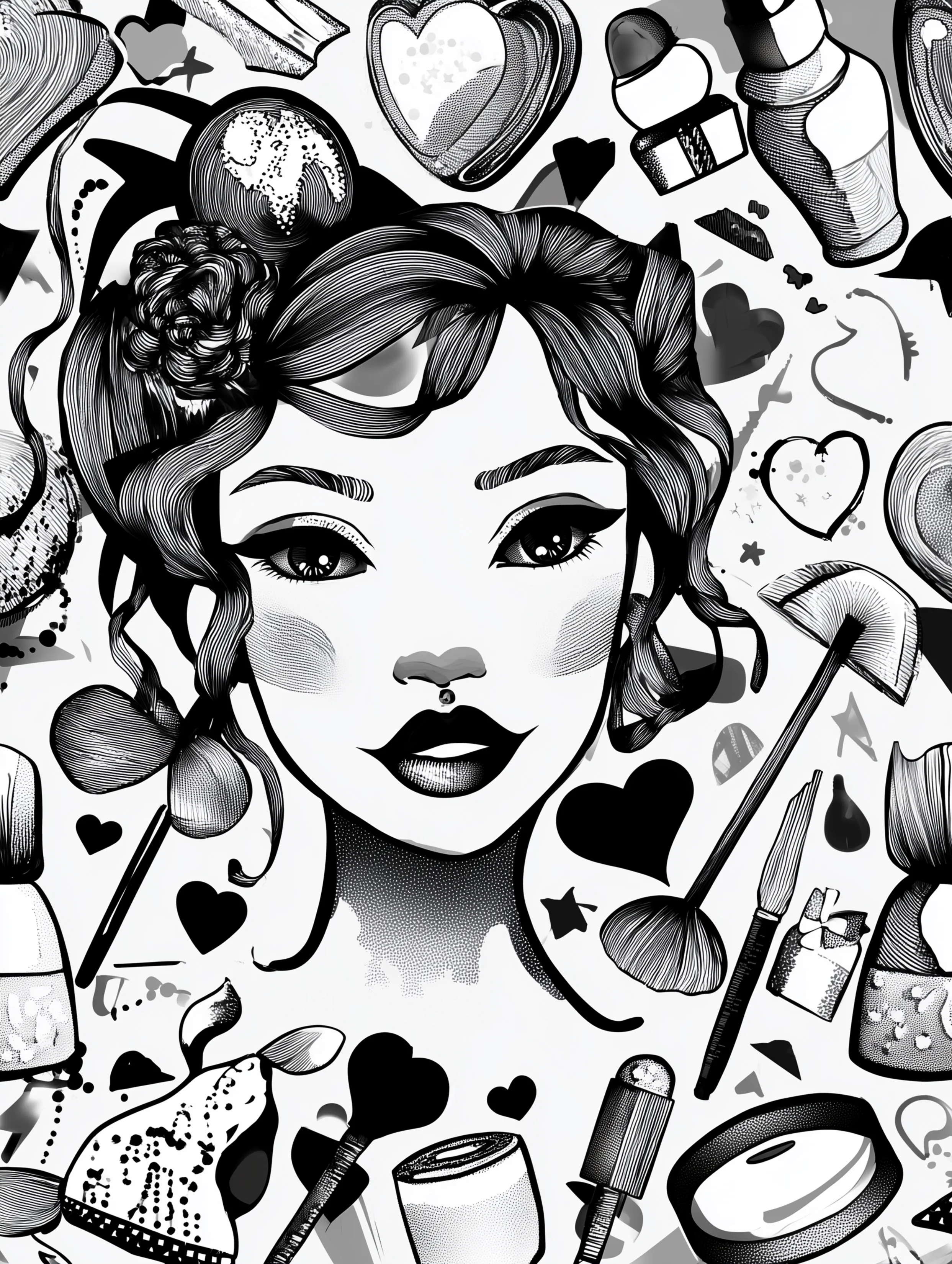 Free printable makeup coloring page for adults featuring a woman with short hair and makeup